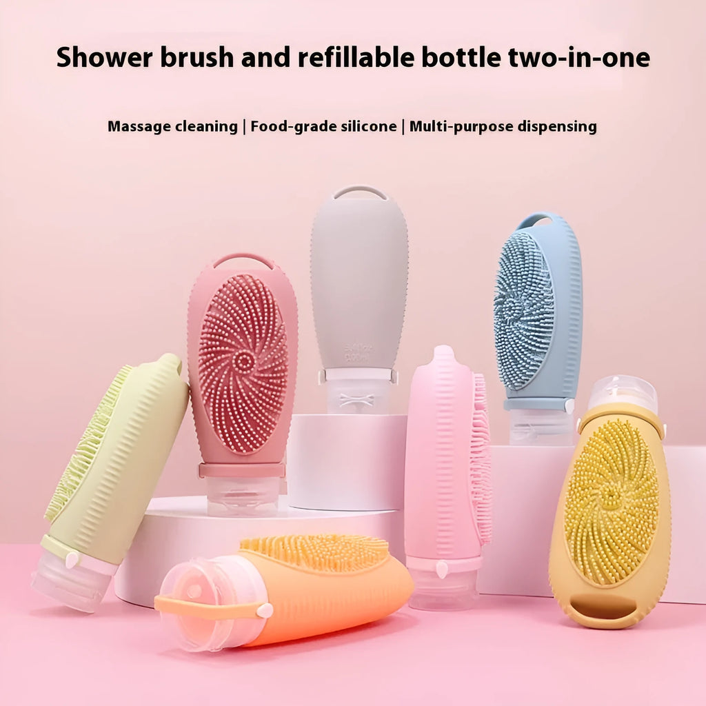 Silicone bath brush storage bottle in various colours including pink, orange and sea blue