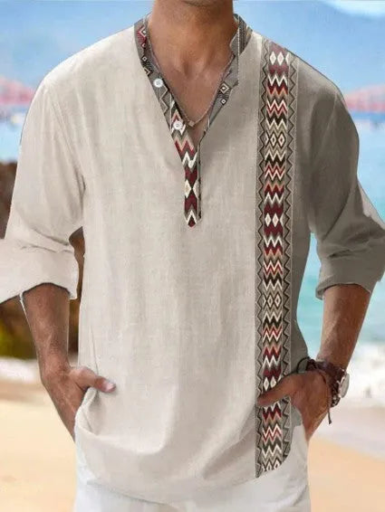 Long sleeve Hawaiian shirt with digital bamboo linen striped pattern in cardigan style