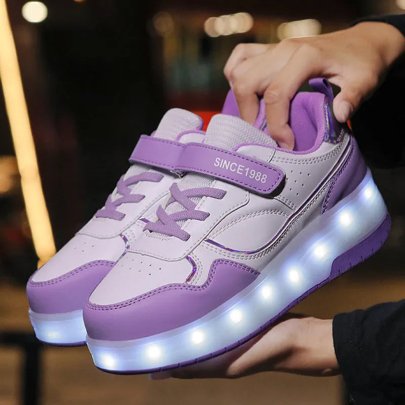 Electric roller skates with USB charging port in pink, white, black, or purple colours