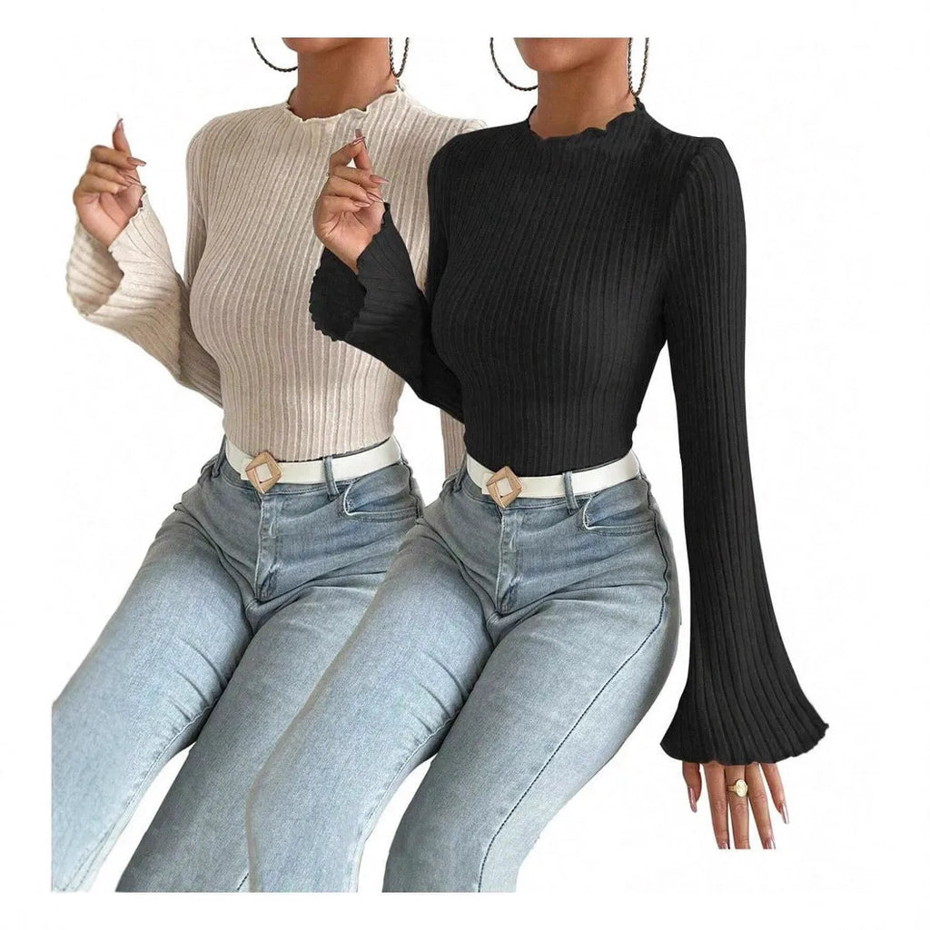Long sleeve round neck top with lantern sleeves in brushed polyester fabric, black colour with sunken stripe pattern