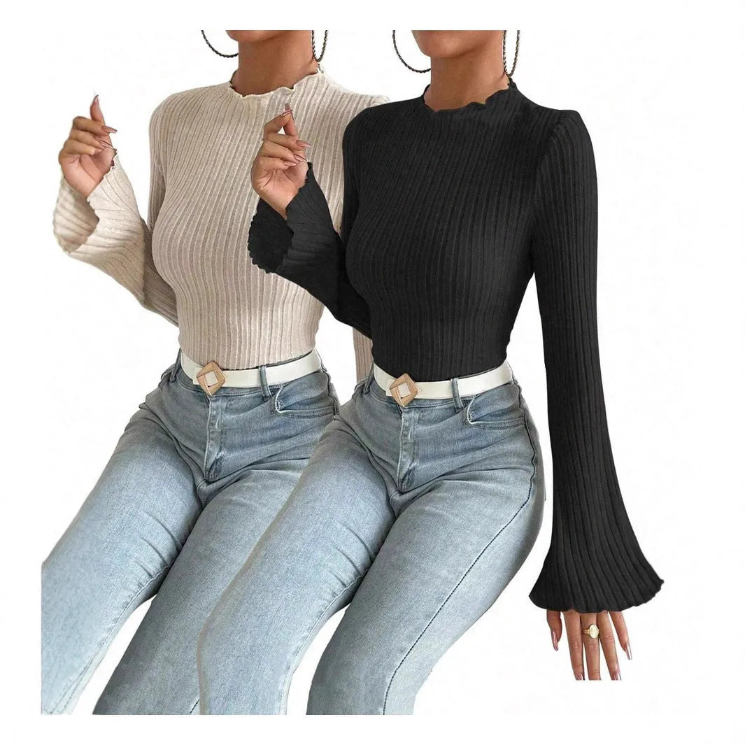 Long sleeve round neck top with lantern sleeves in brushed polyester fabric, black colour with sunken stripe pattern