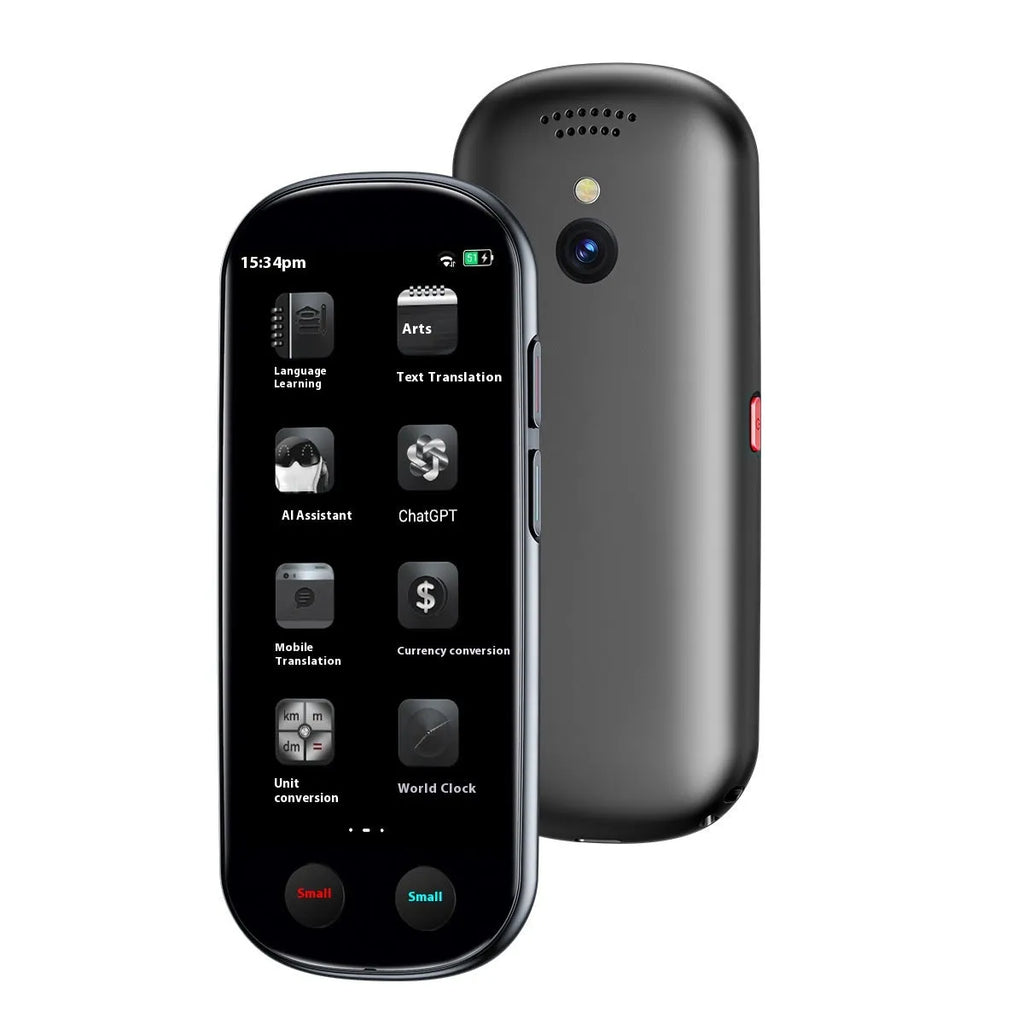 Black multi-language simultaneous interpretation translator with lanyard and charging cable for business use.