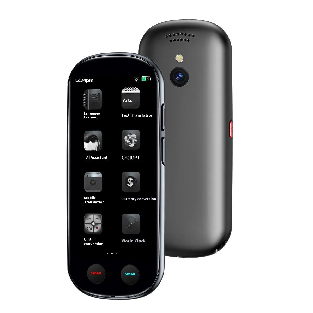 Black multi-language simultaneous interpretation translator with lanyard and charging cable for business use.