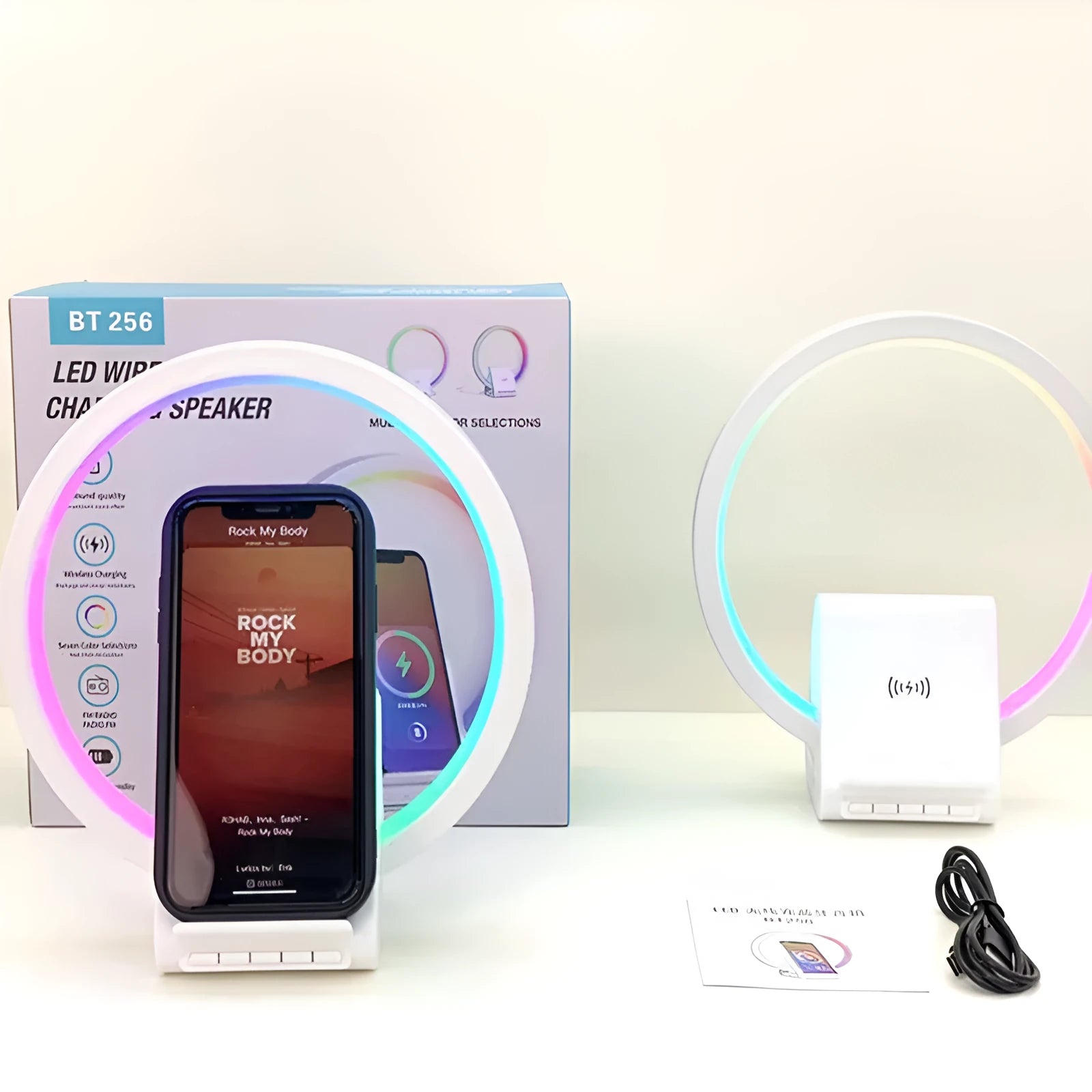 White smart Bluetooth speaker with wireless charging pad and ambient lighting, measuring 225x200x10mm
