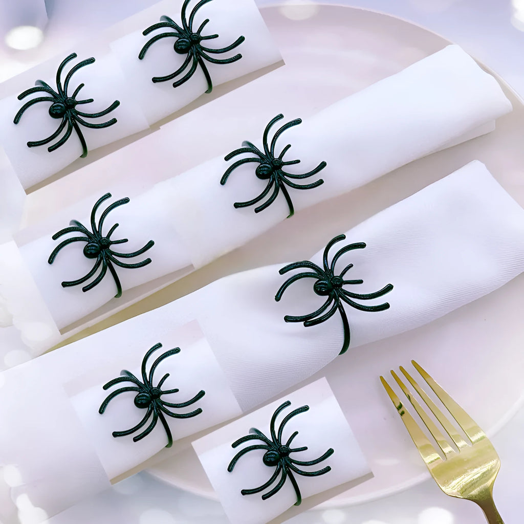 Six black spider-themed alloy napkin rings for Halloween table decorations