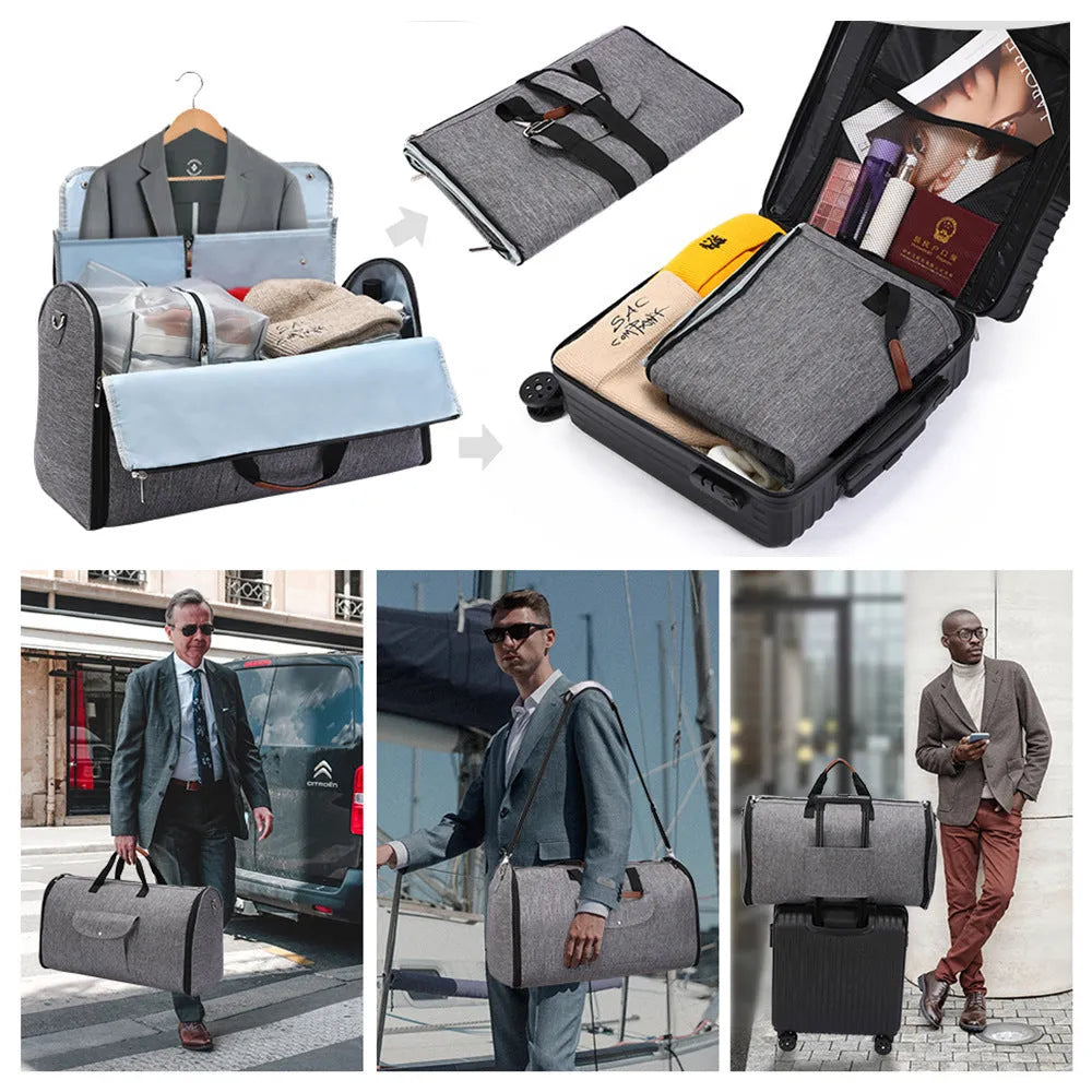 Dark blue folding duffel bag with luggage straps showing 36-55L capacity for business travel