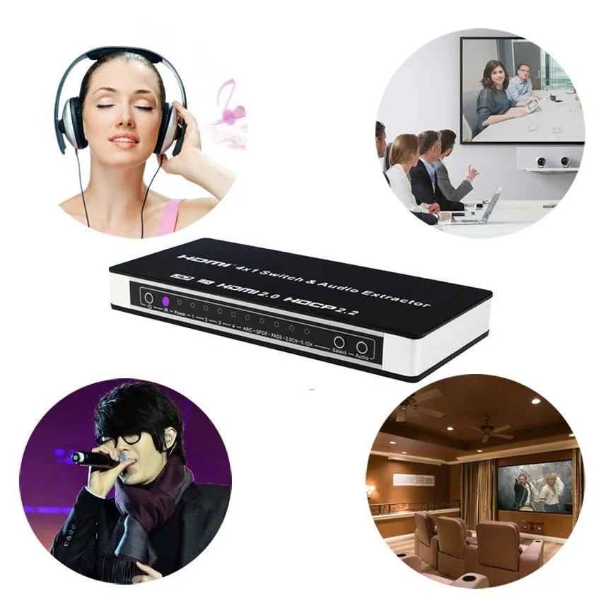Black HDMI audio extractor switch with 4 input ports and remote control for home entertainment systems