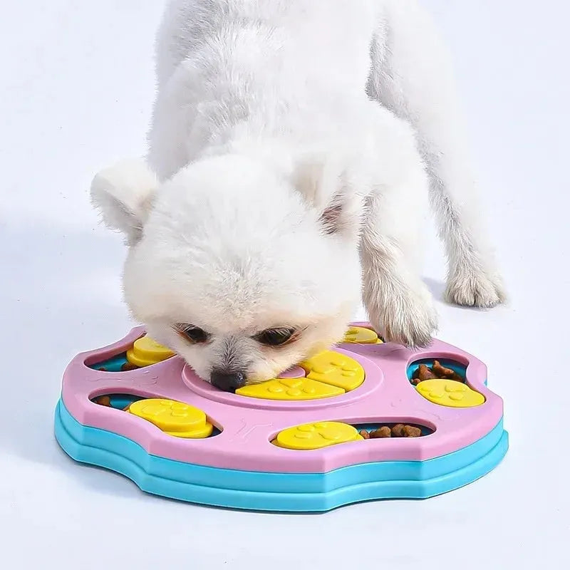Blue dog puzzle feeder toy for aggressive chewers with interactive food-dispensing mechanism