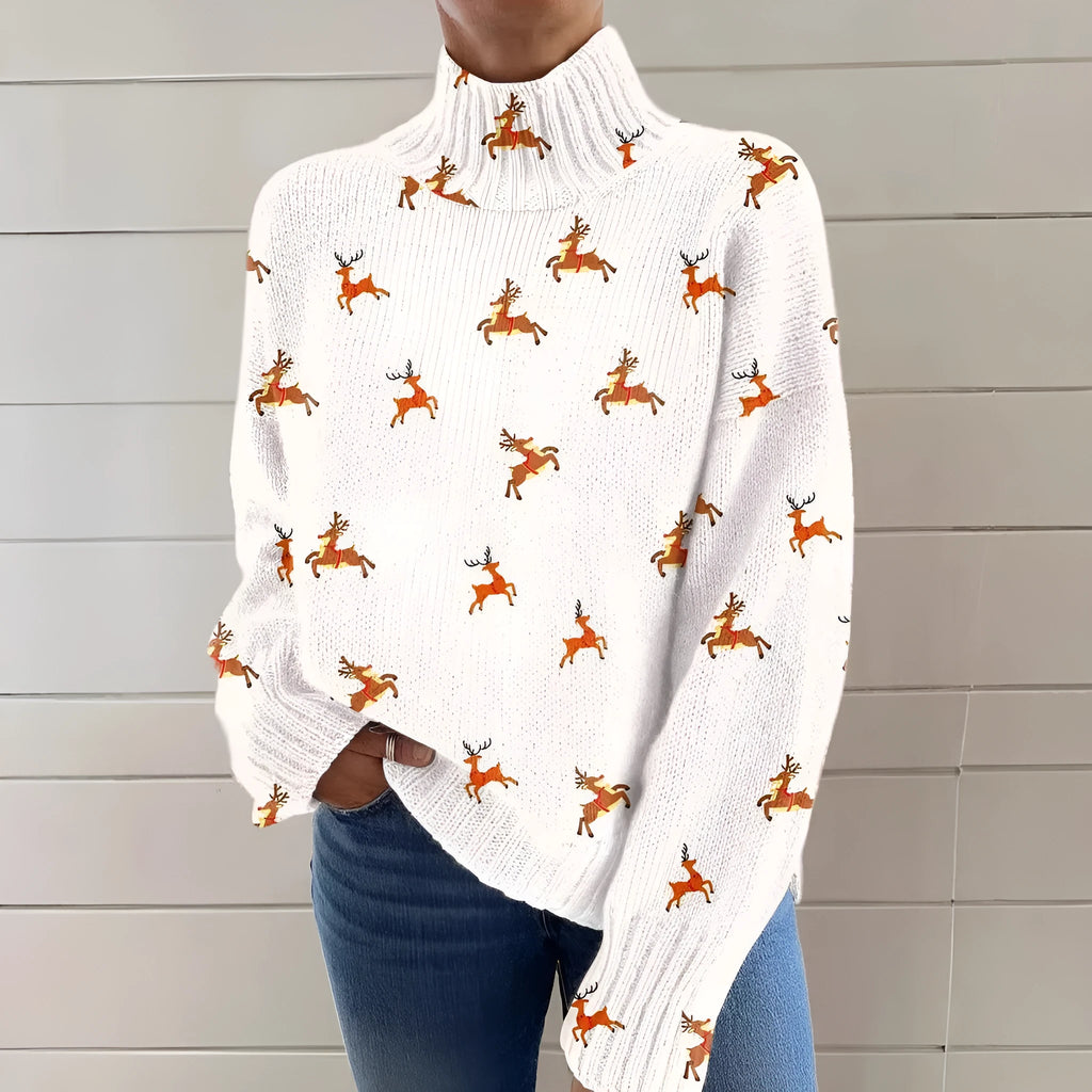 Women's Christmas printed turtleneck sweater in macaron colours, loose fit long sleeve pullover.