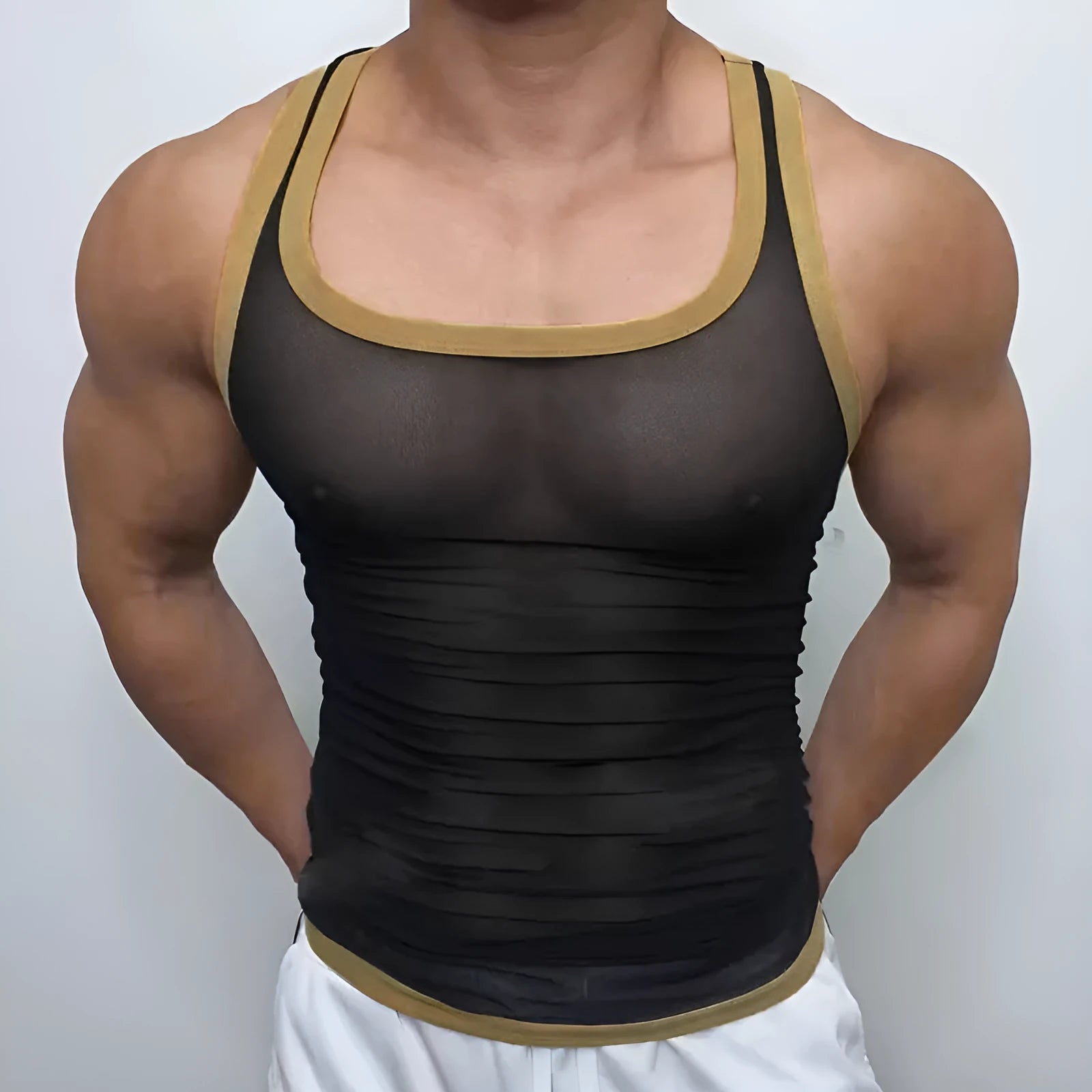 Men's white polyester mesh fitness vest with straight hem on athletic model