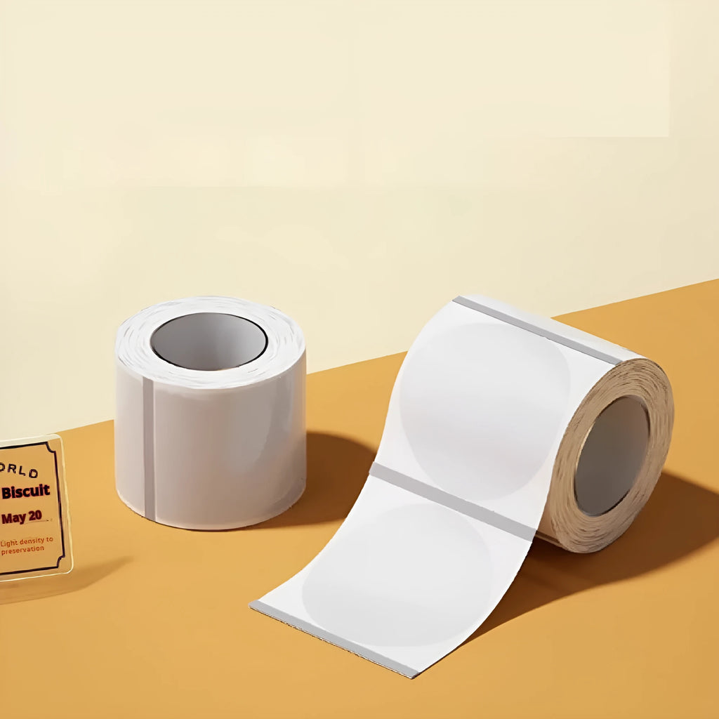 Roll of transparent waterproof thermal adhesive labels in various rectangular and round sizes for kitchen organisation
