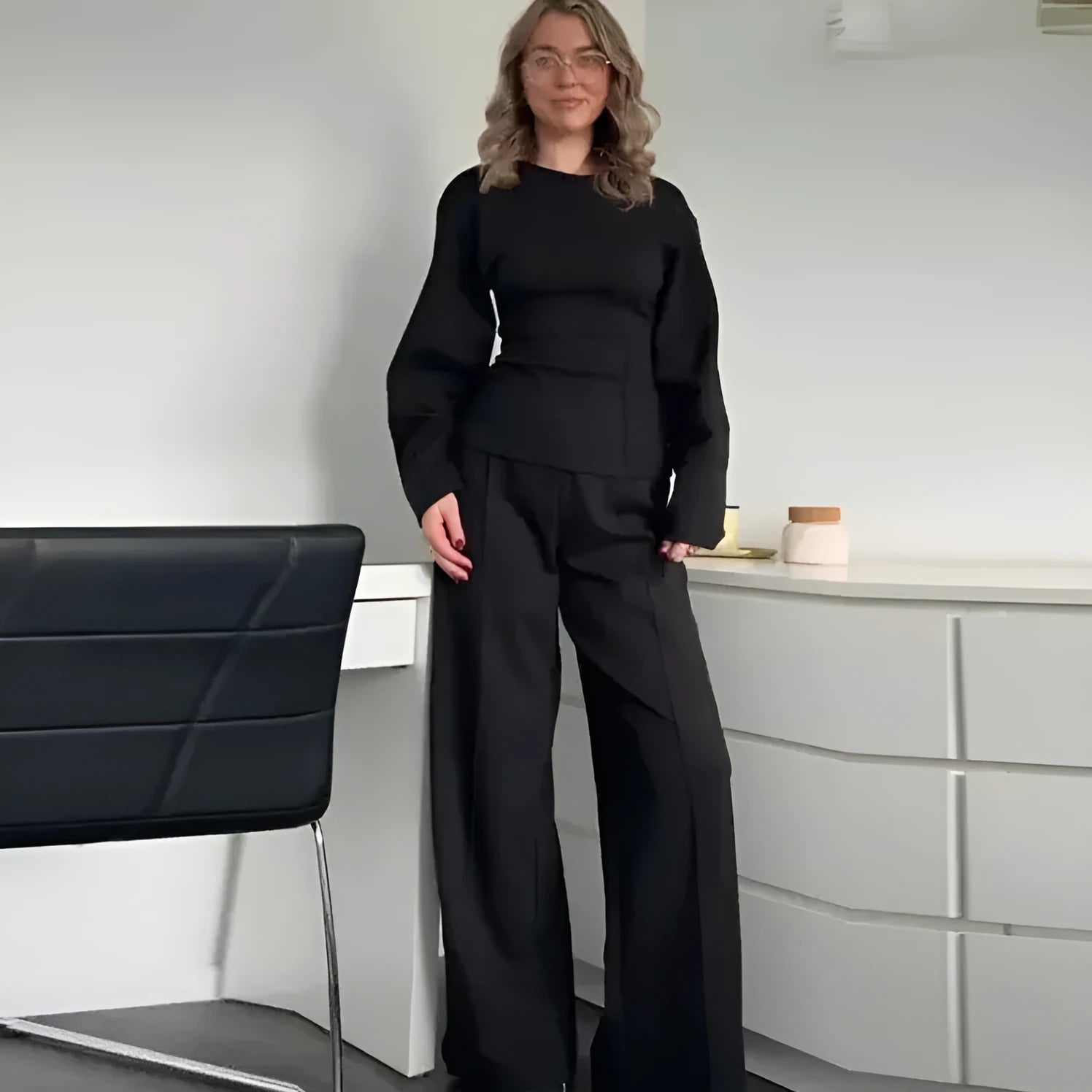 Women's polar fleece suit set with O-neck top and wide leg trousers in multiple colour options