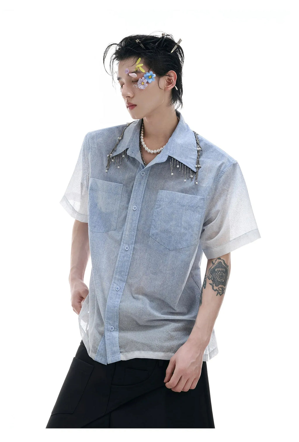 Men's blue and white gradient colour loose fit shirt with quilted pattern and short sleeves