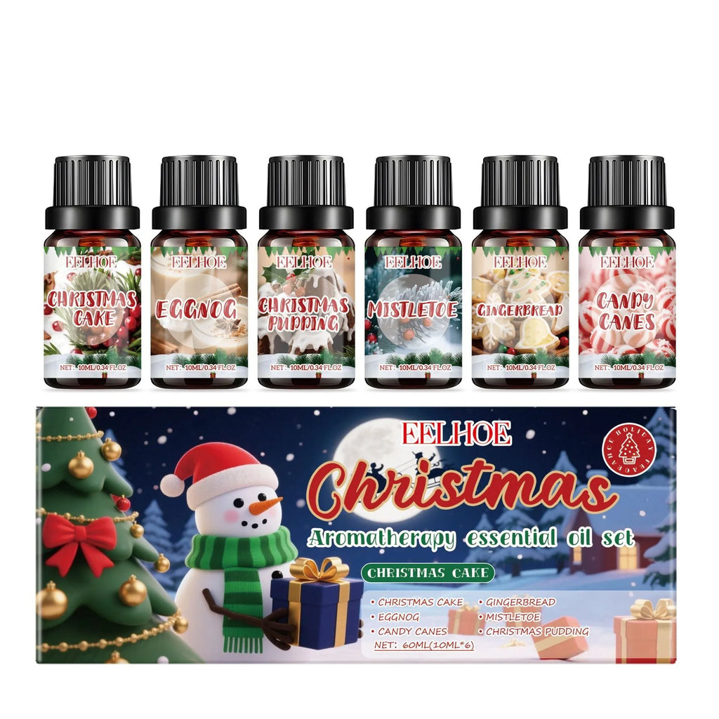 Christmas aromatherapy oil set showing six bottles of warm home scented oil