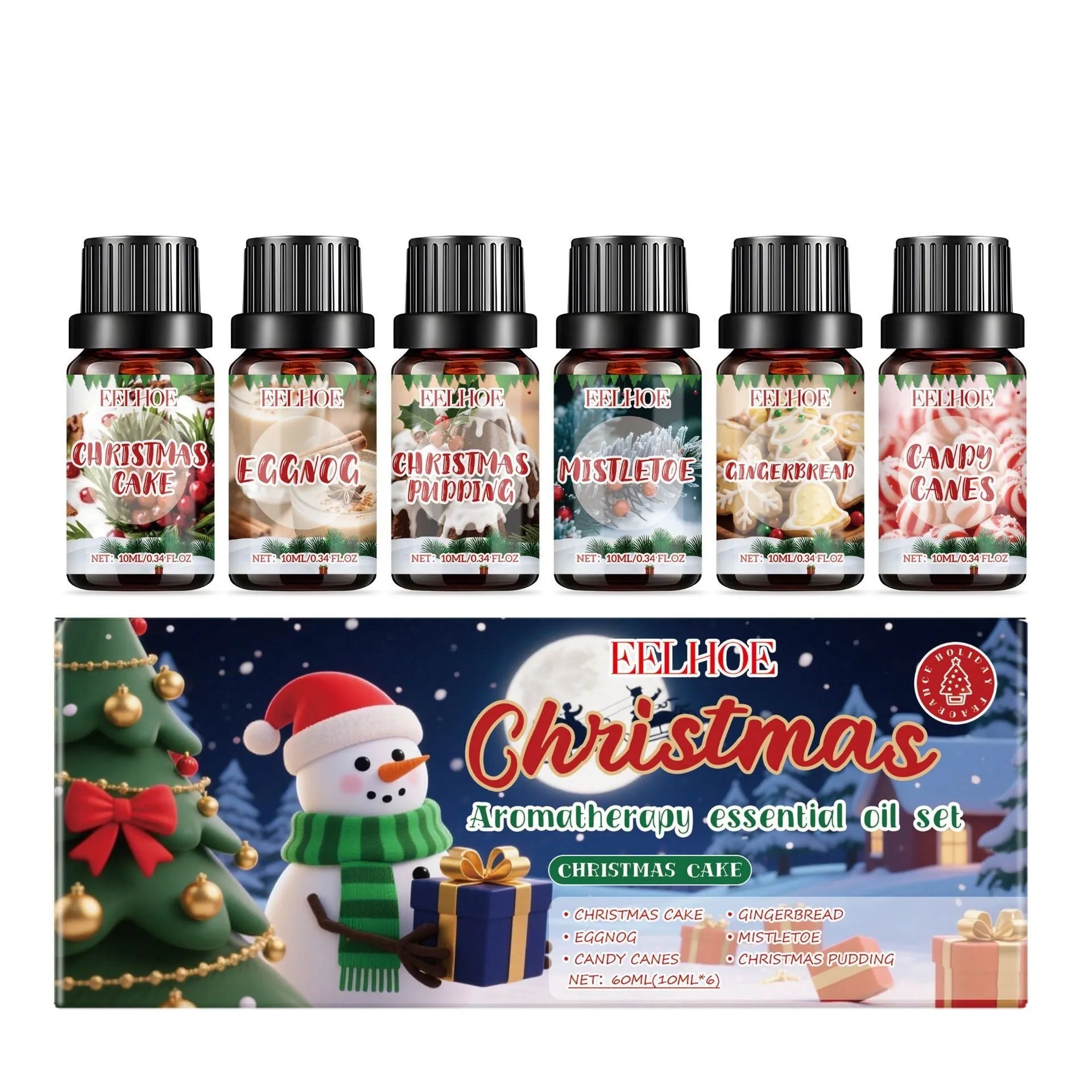 Christmas aromatherapy oil set showing six bottles of warm home scented oil