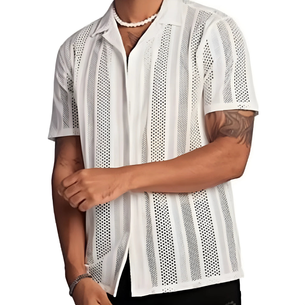 Men's black knitted short-sleeved button cardigan shirt with jacquard texture on a hanger.