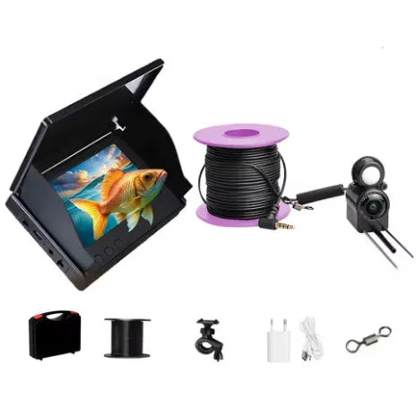 Fish finder unit with 4.3-inch screen connected to an underwater camera on a long cable
