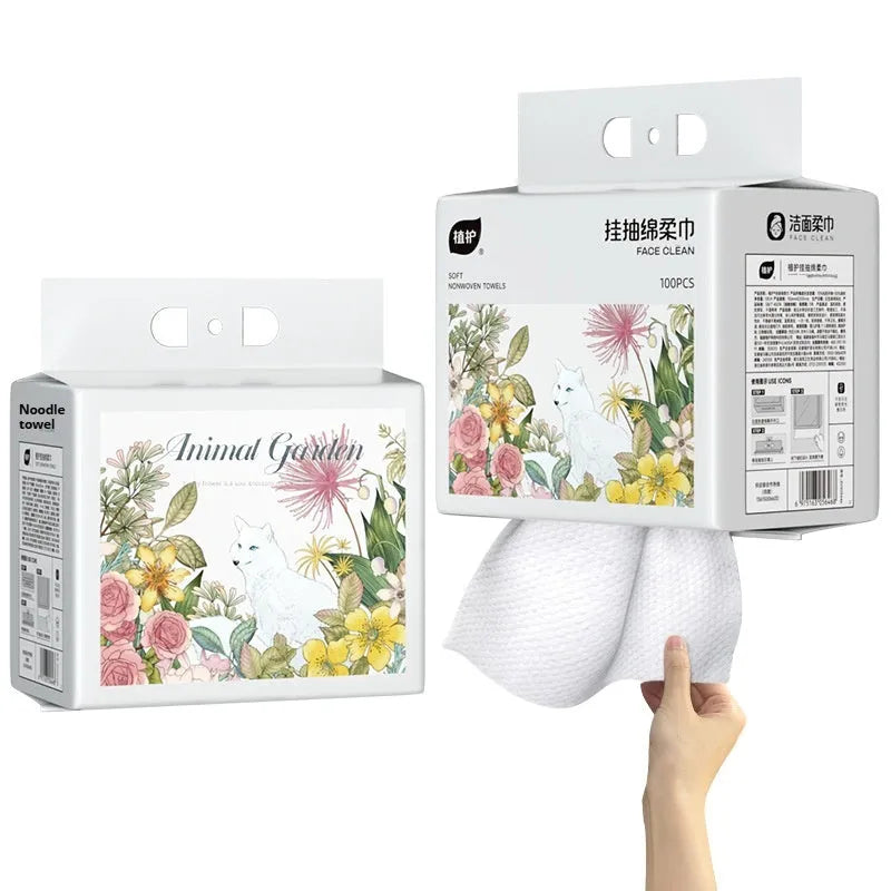 Disposable face cloth roll with hanging mechanism and 100 sheets in soft cotton style