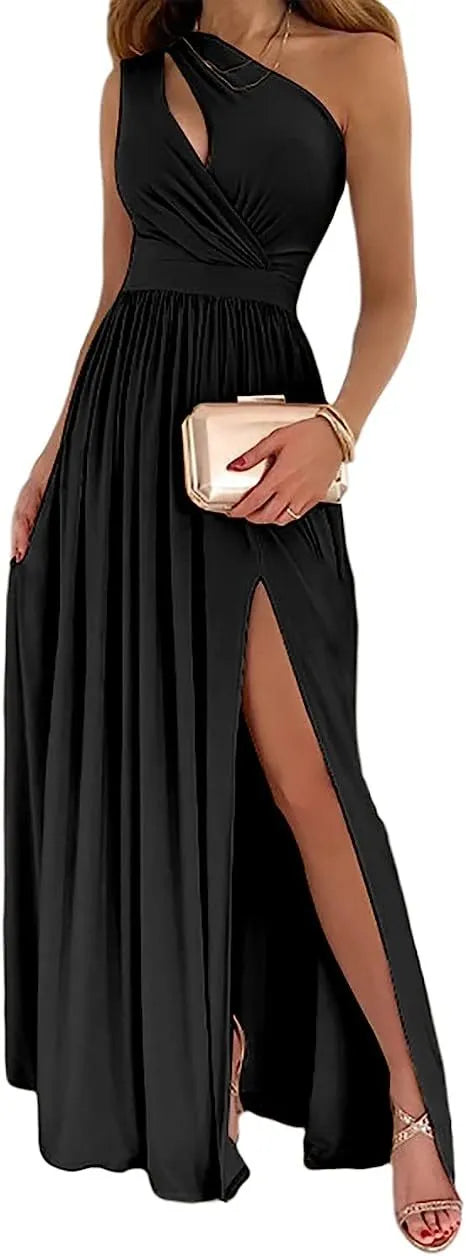 Women's one shoulder cocktail maxi dress with high thigh split and cutout sleeve detail in soft fabric