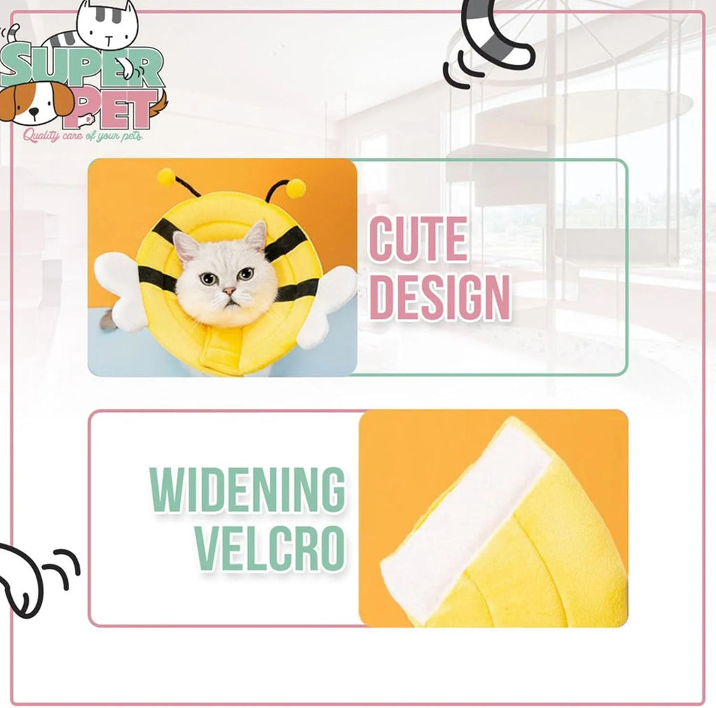 Soft bee design cat cone collar with velcro closure in adjustable sizes
