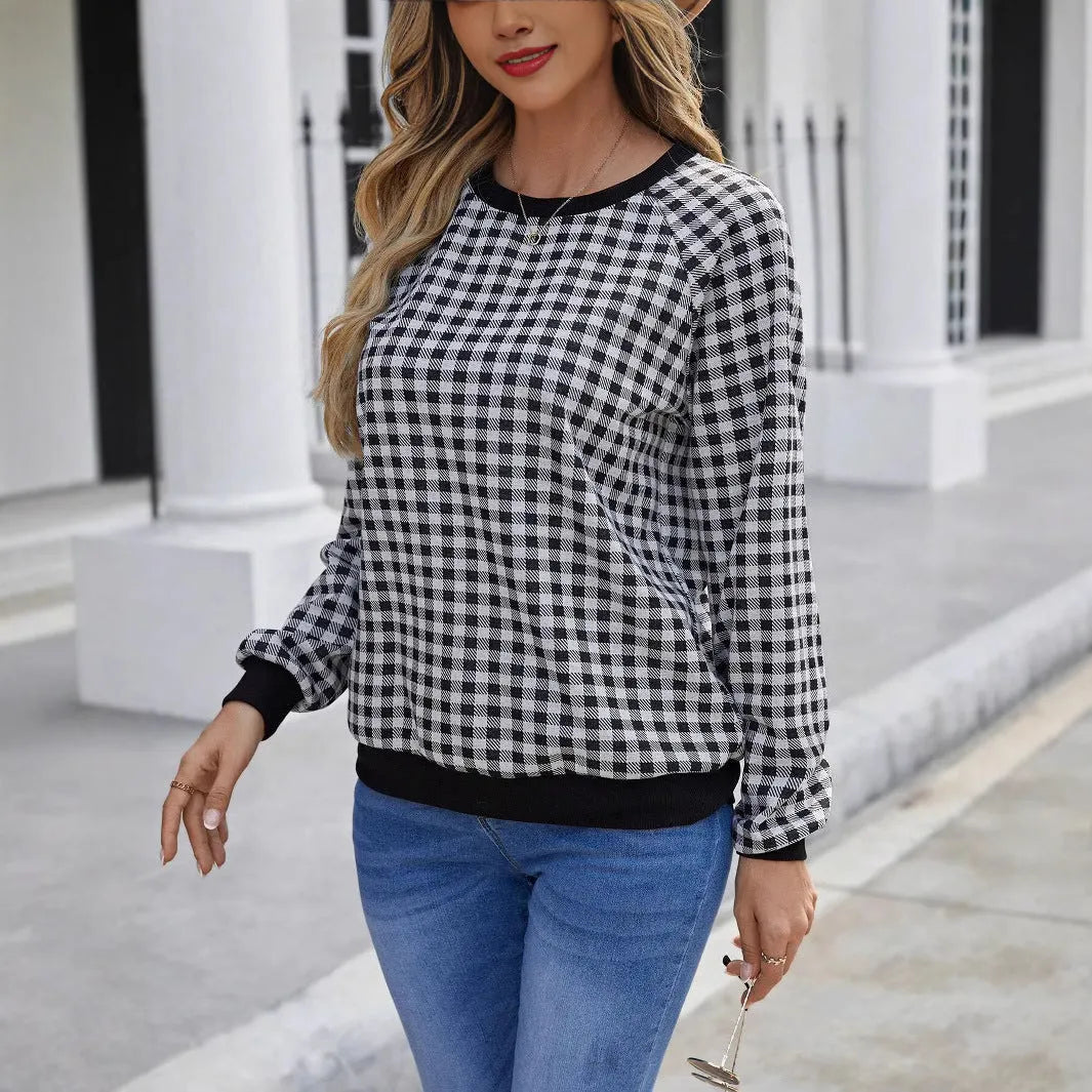 Black Japanese plaid pattern pullover sweater with printed design and long sleeves
