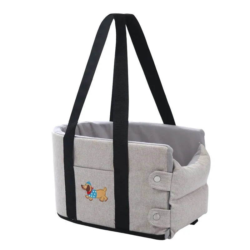 Small dog car centre console pet pad in dark gray linen-style cloth for travel comfort