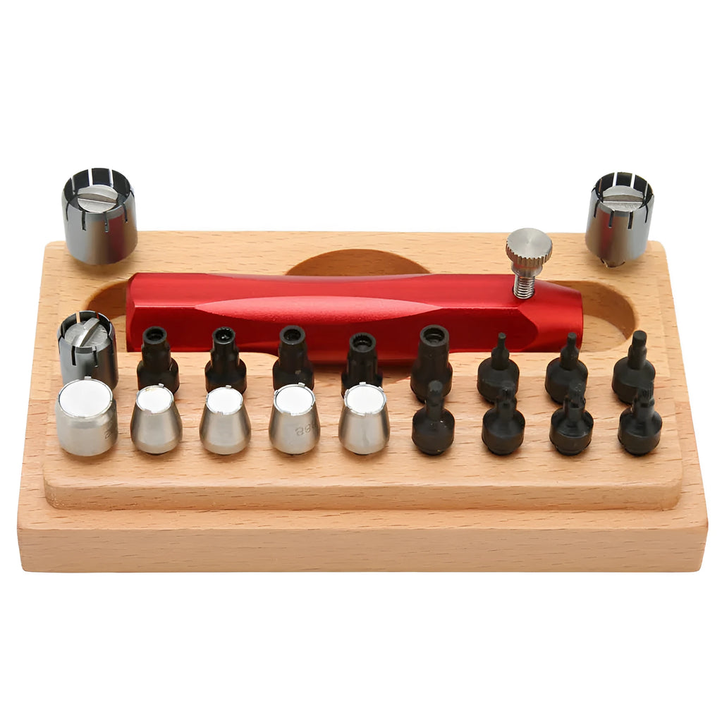 Steel watch repair tool kit with extracting tubes and barrel-opening tools measuring 128x79x43mm