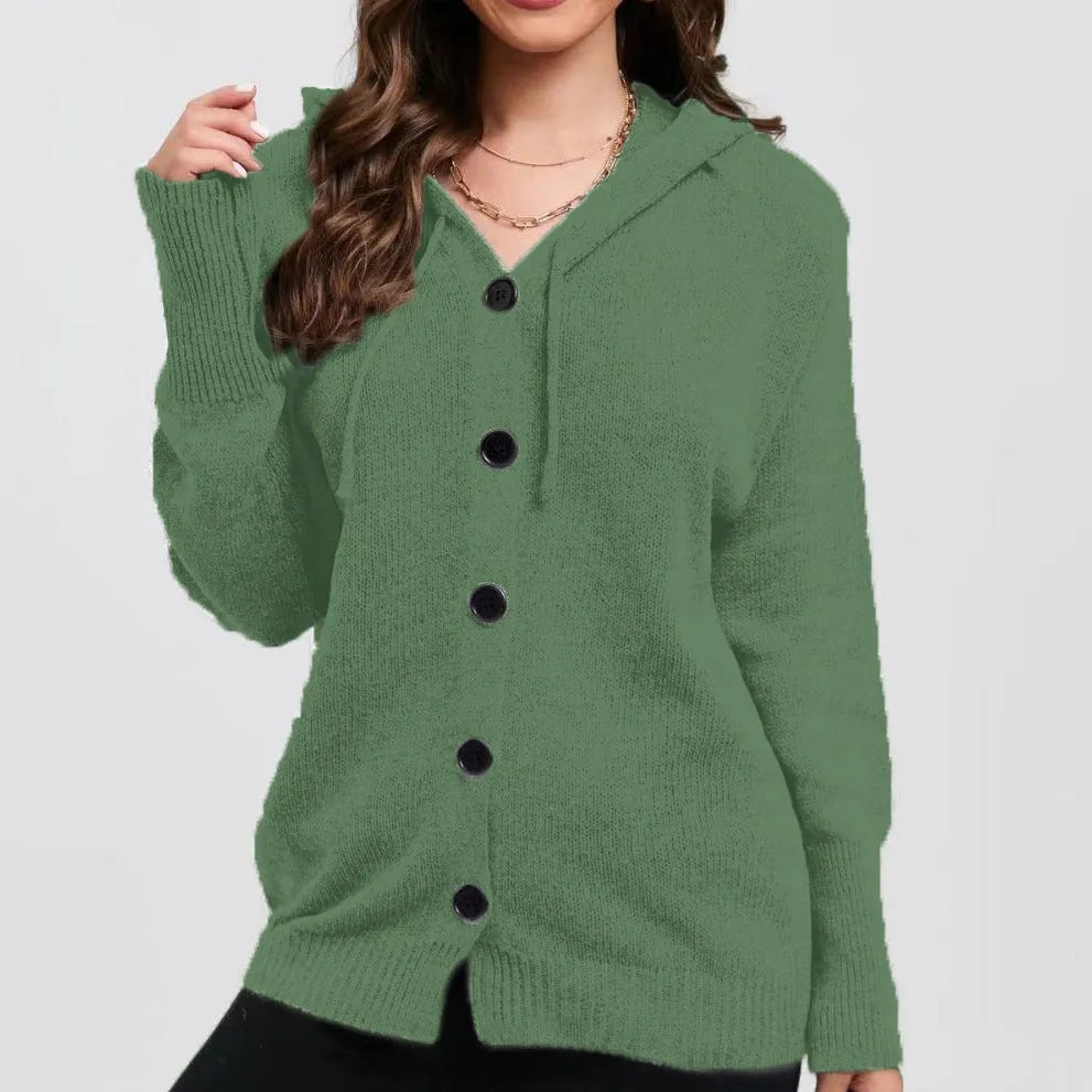 Women's thick cotton hooded cardigan sweater in loose fit with solid colour