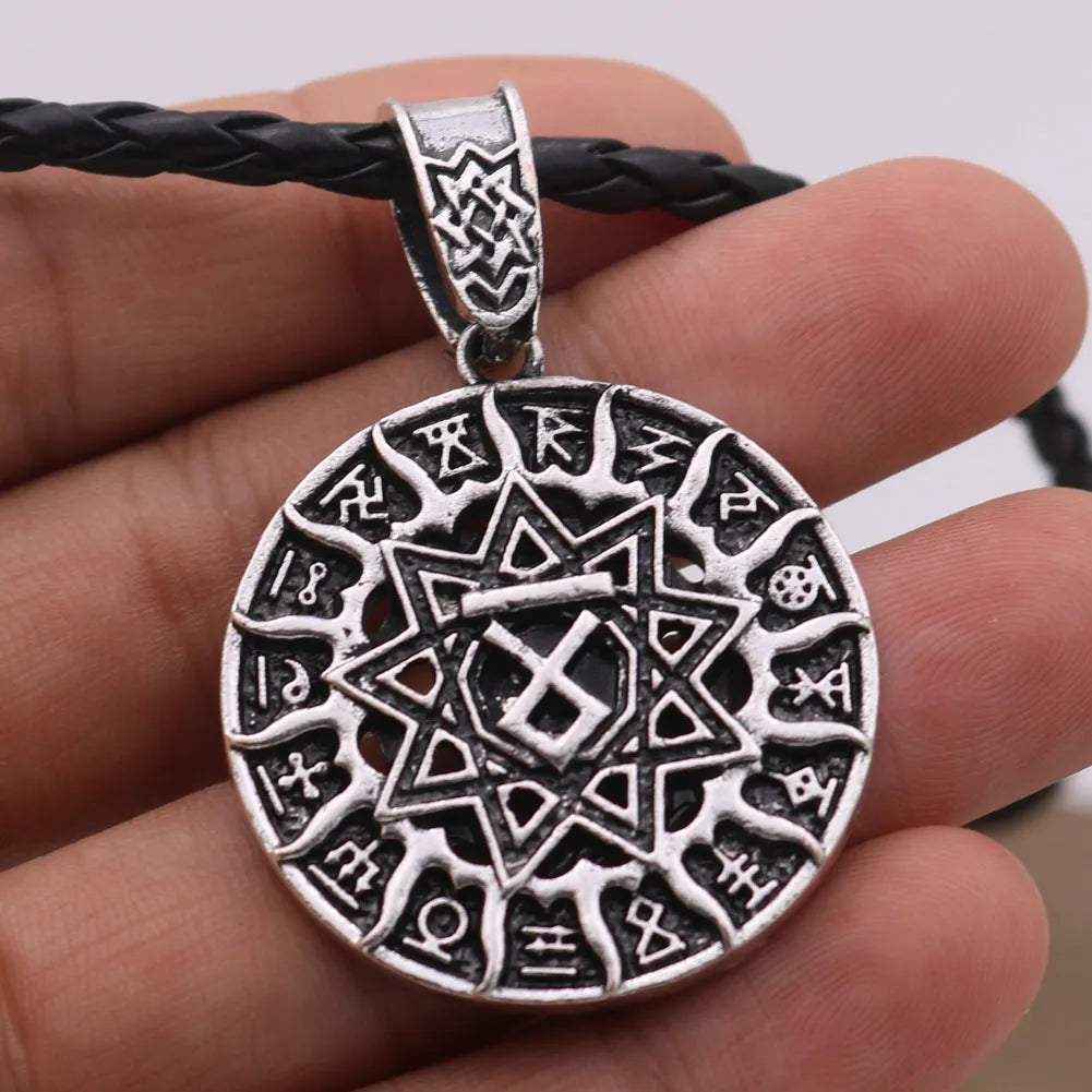 Lunavin ODing alloy pendant necklace with antique silver finish on a leather rope and a separate snake bones chain.