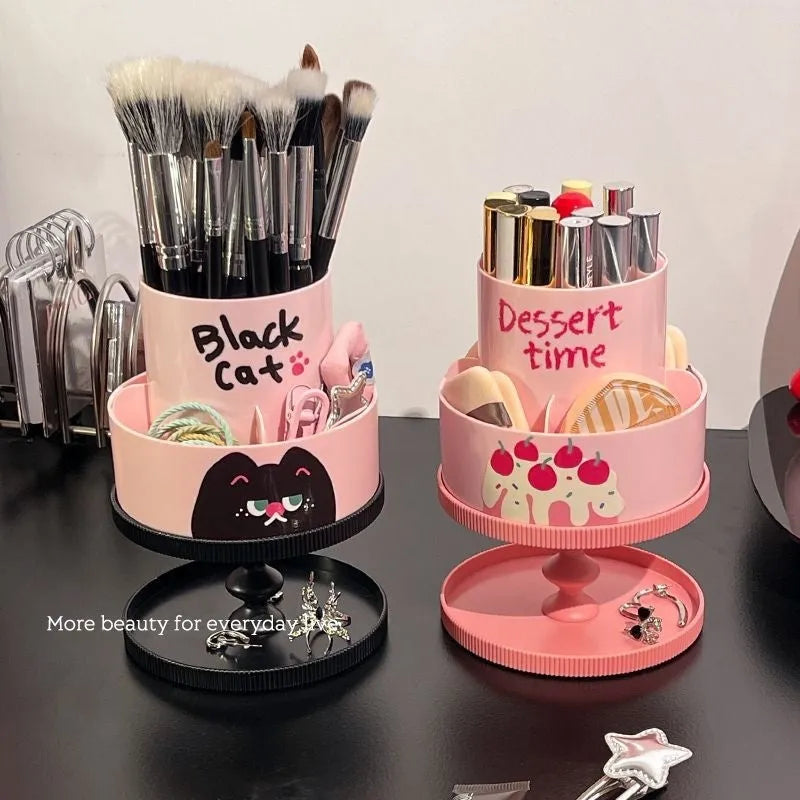 Rotating beige cosmetic brush storage barrel with 18-litre capacity and a separate storage rack on a table.