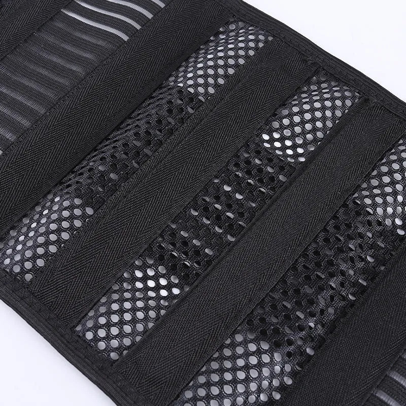 Black adult sports waist support belt with steel plate for lumbar protection during fitness activities.