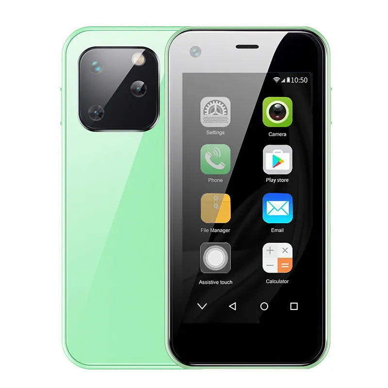 Mini Android smartphone with 2.5 inch screen shown in Phantom Night Black colour, highlighting its ultra compact size.
