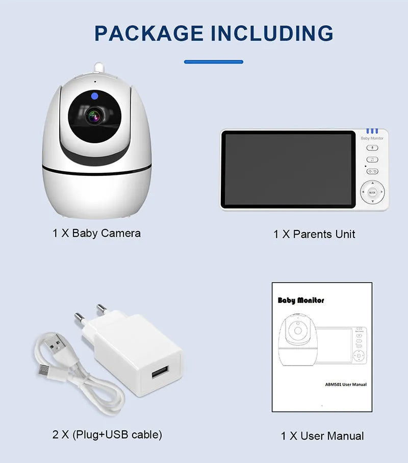 White wireless baby monitor with 5-inch screen showing baby room video