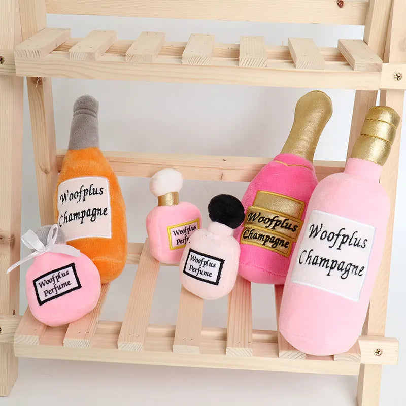 Soft green plush pet toy shaped like a wine bottle for cats and dogs to play with.