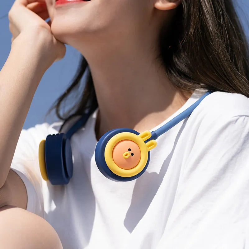 Pink and blue Sanhuo leafless hanging neck fan showing foldable design and wearer.