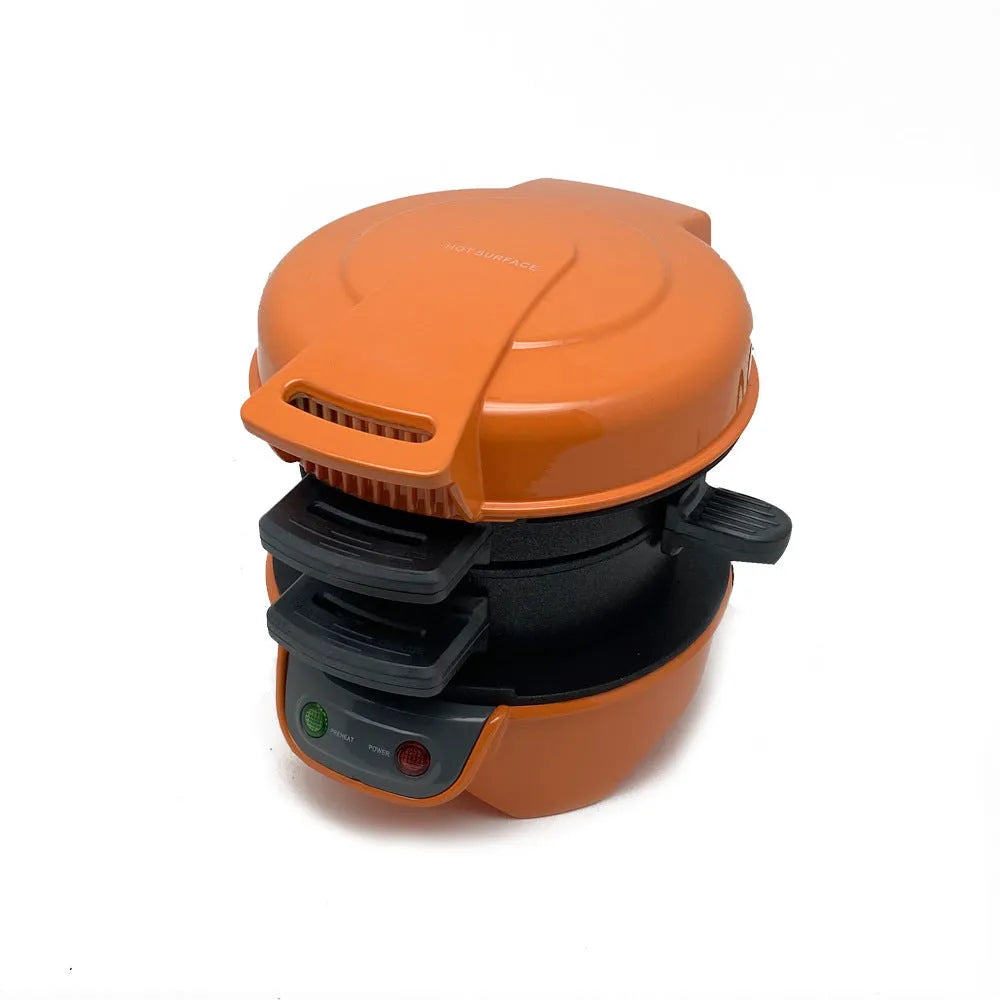 Bright red household breakfast sandwich maker with egg cooker ring and mechanical controls