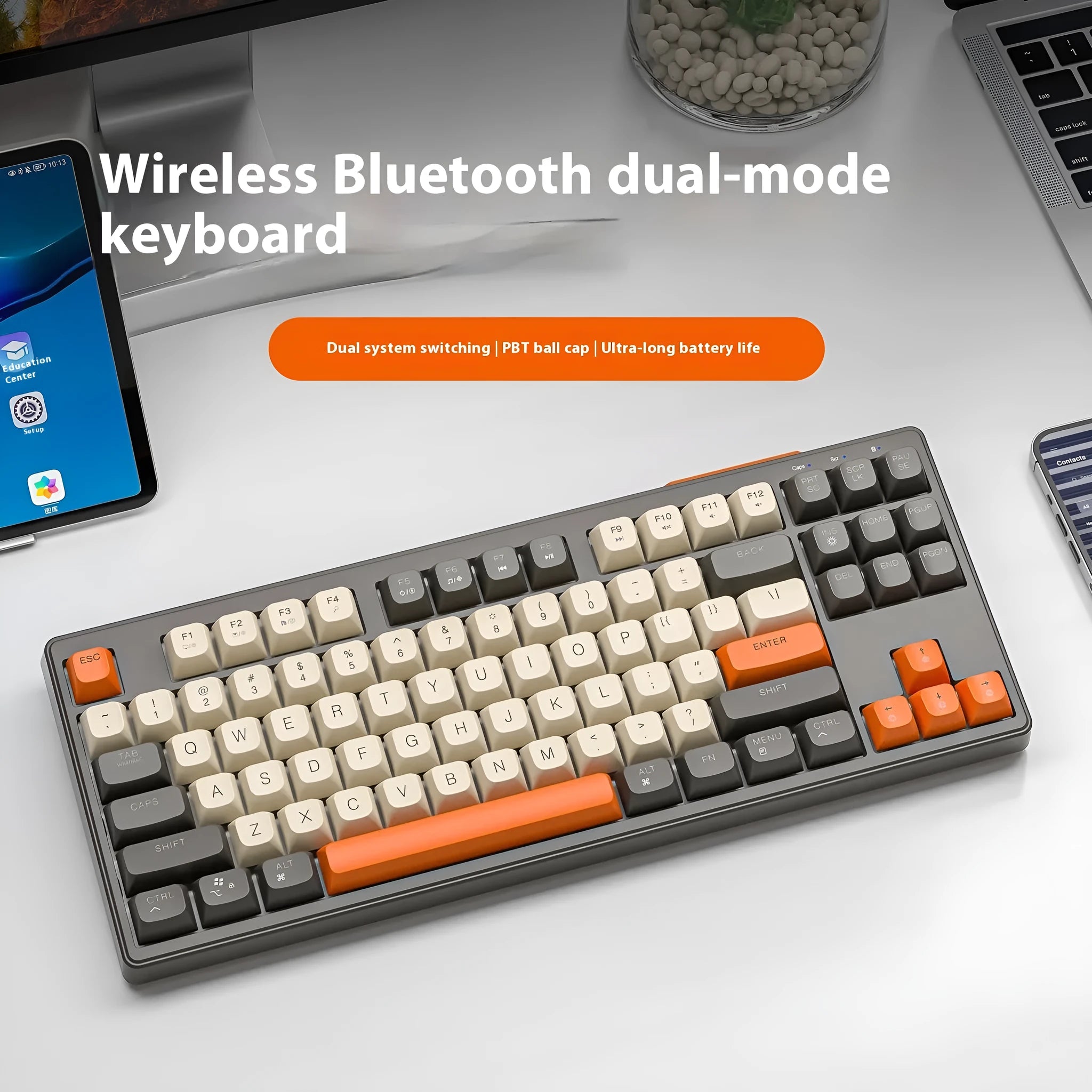Wireless Bluetooth dual mode mechanical feeling keyboard in blueberry colour with 87-key compact layout