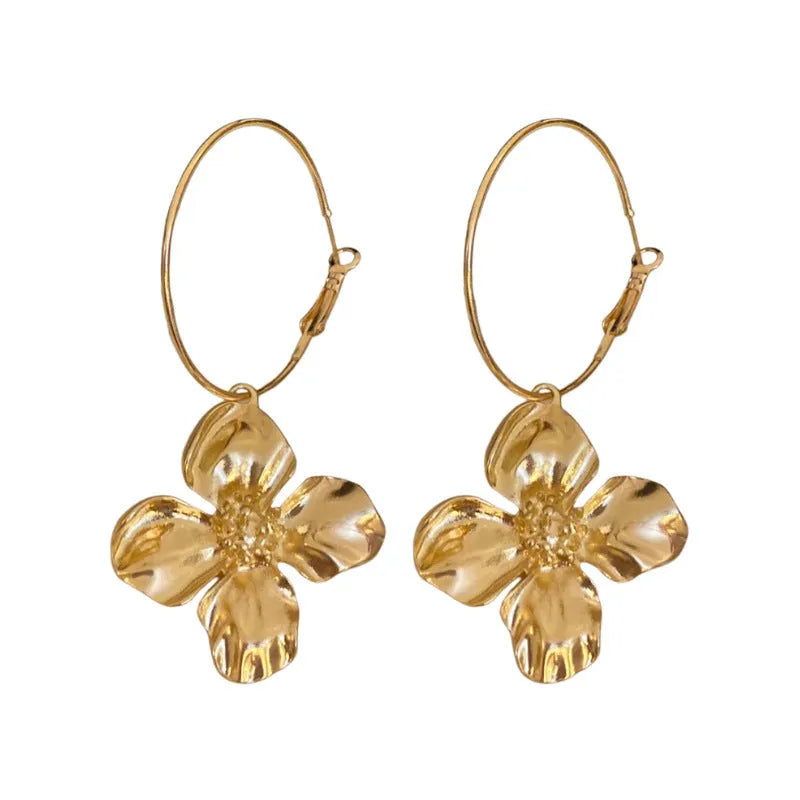 Silver Needle geometric flower design drop earrings in gold or silver electroplated metal alloy