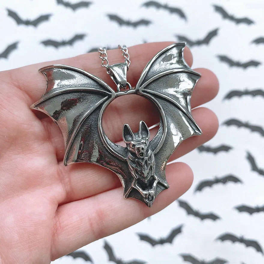 Vintage gothic big bat necklace alloy cross chain electroplated couple style AQ-5841 dark pendant