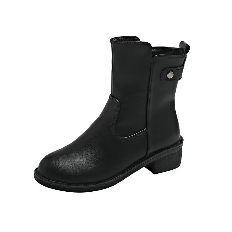 Black women's ankle boots with side zipper and low heel on round toe