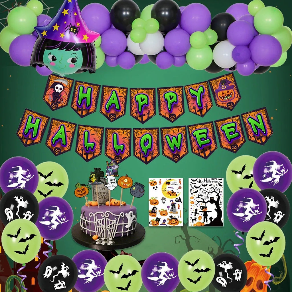 Halloween spider balloon arch decoration set with skull and pumpkin ornaments in white and black colours