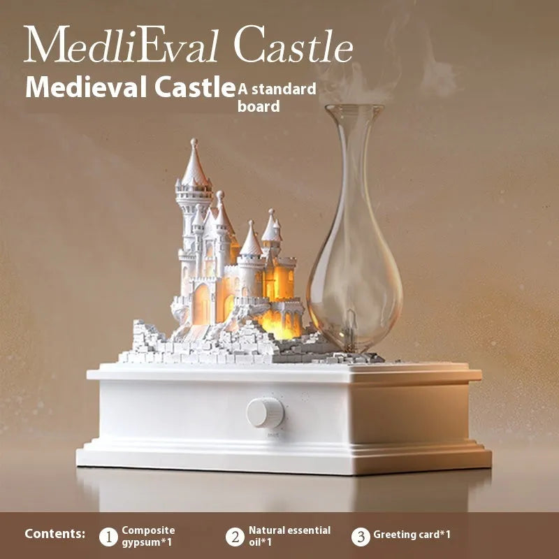 White medieval castle aromatherapy machine with cold fragrance technology and ambient light, measuring 188mm wide by 210mm high