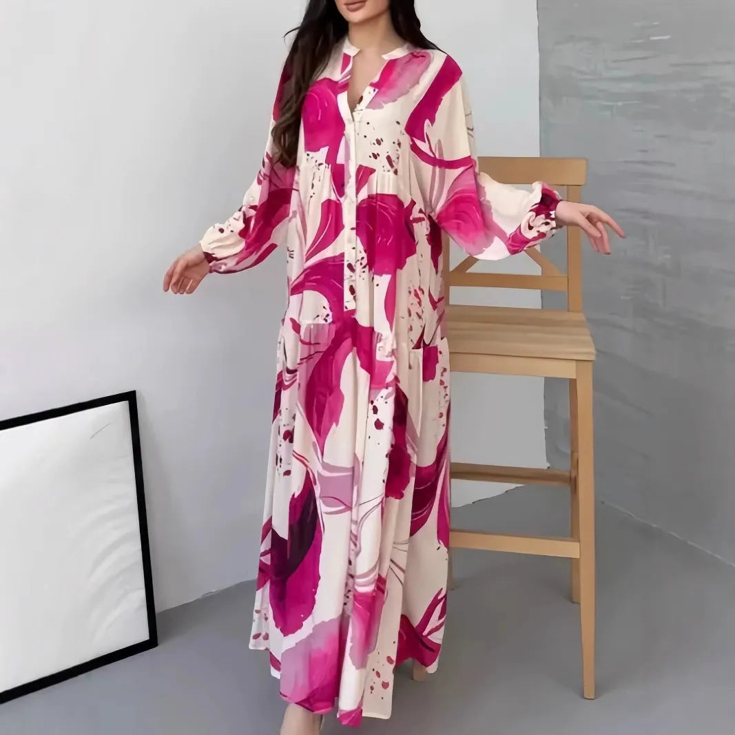 Loose V-neck dress with long sleeves and oversized swing skirt in Rose Red colour