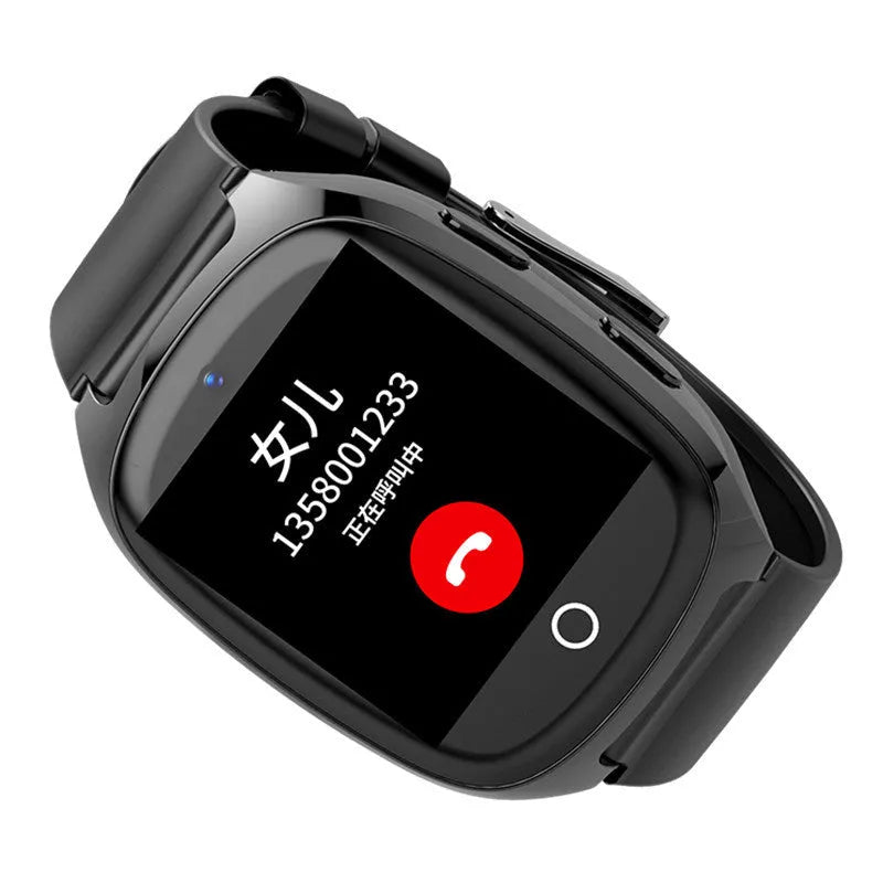 Black GPS smartwatch with touch screen showing location map and SOS button