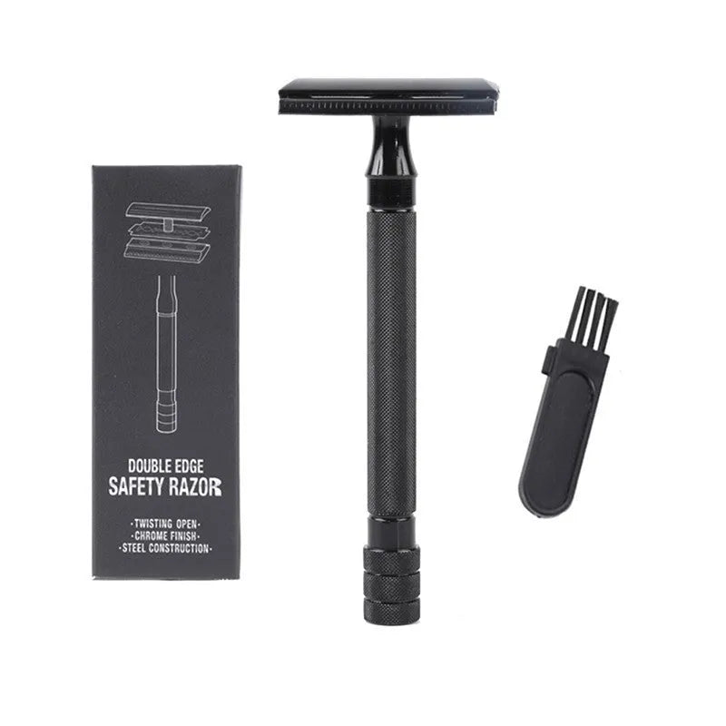 Traditional manual shaving razor and brush set in silver and black finish on a wooden surface.
