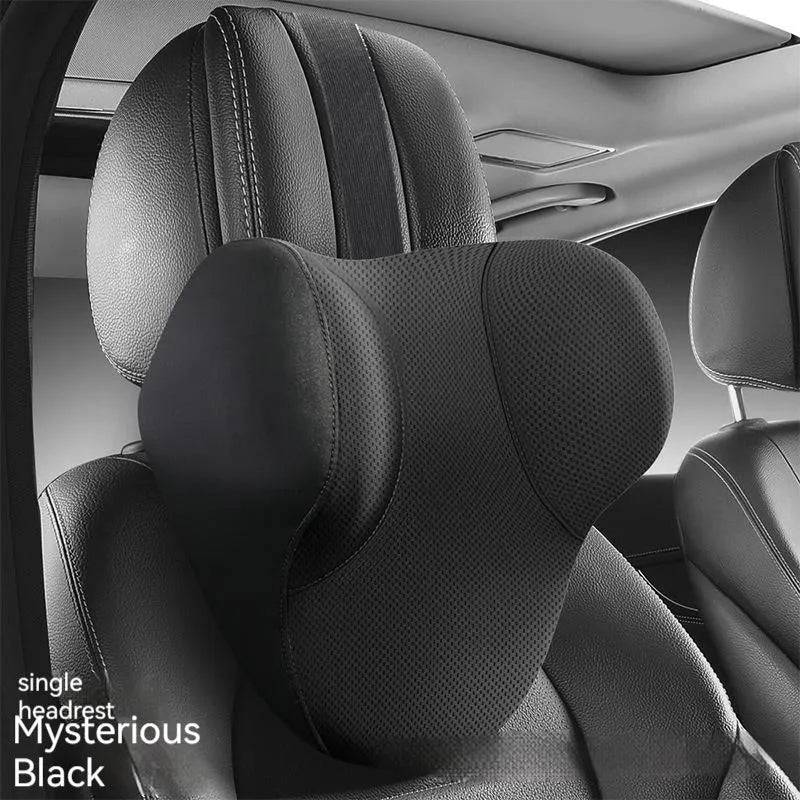 Memory foam car lumbar support pillow and matching headrest with hydrophobic knitted fabric.