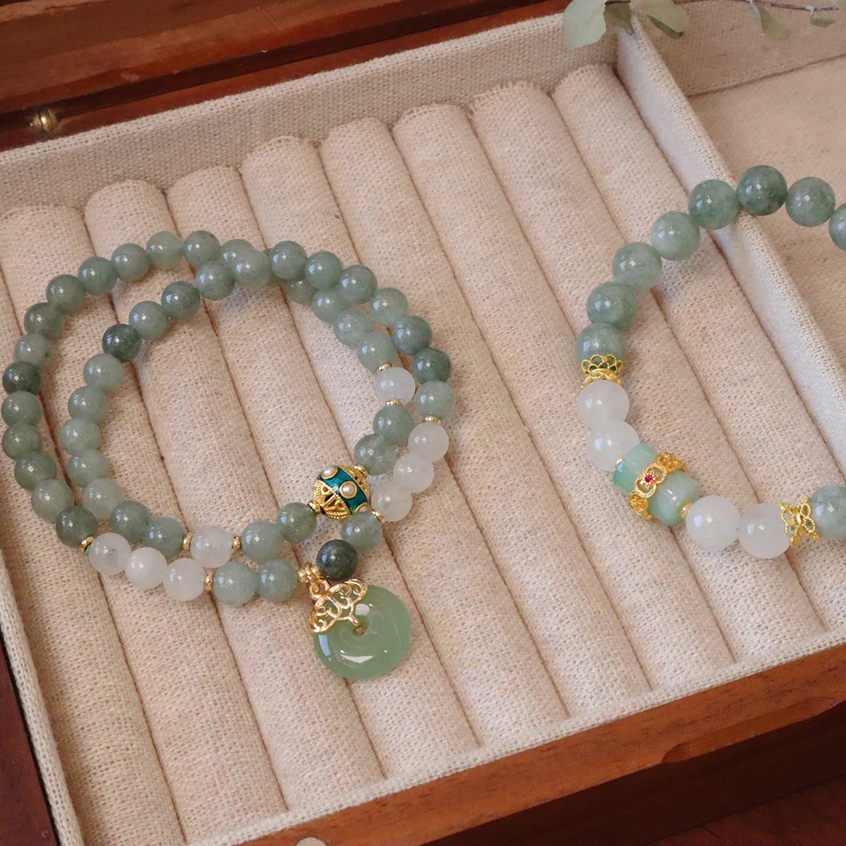 Women's safety buckle bracelet with Myanmar jade components and geometric lucky bead design