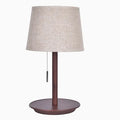 Walnut-colour solid wood bedside lamp with white cloth shade and cable switch