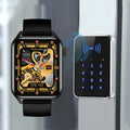 Smart watch with AMOLED display and silicone strap showing multiple watch face designs
