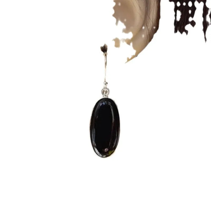 Women's black geometric earrings with oval agate pendant on 925 silver and electroplated alloy